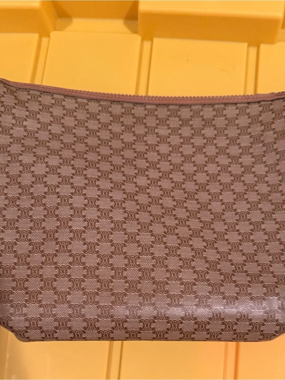 Vintage Celine Brown Large Monogram Cosmetic Pouch Bag COA